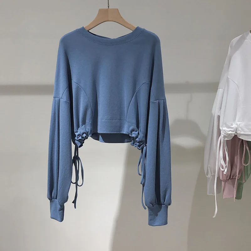 

2021 spring new round neck drop shoulder drawstring design feeling loose and versatile pullover casual women long sleeve