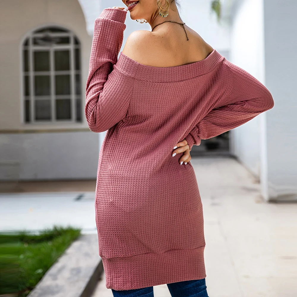 Slash Neck Women Knitted Blouses Shirt Long Sleeve Light Pink Ladies Tops Autumn Winter Solid Color Female Q30 |