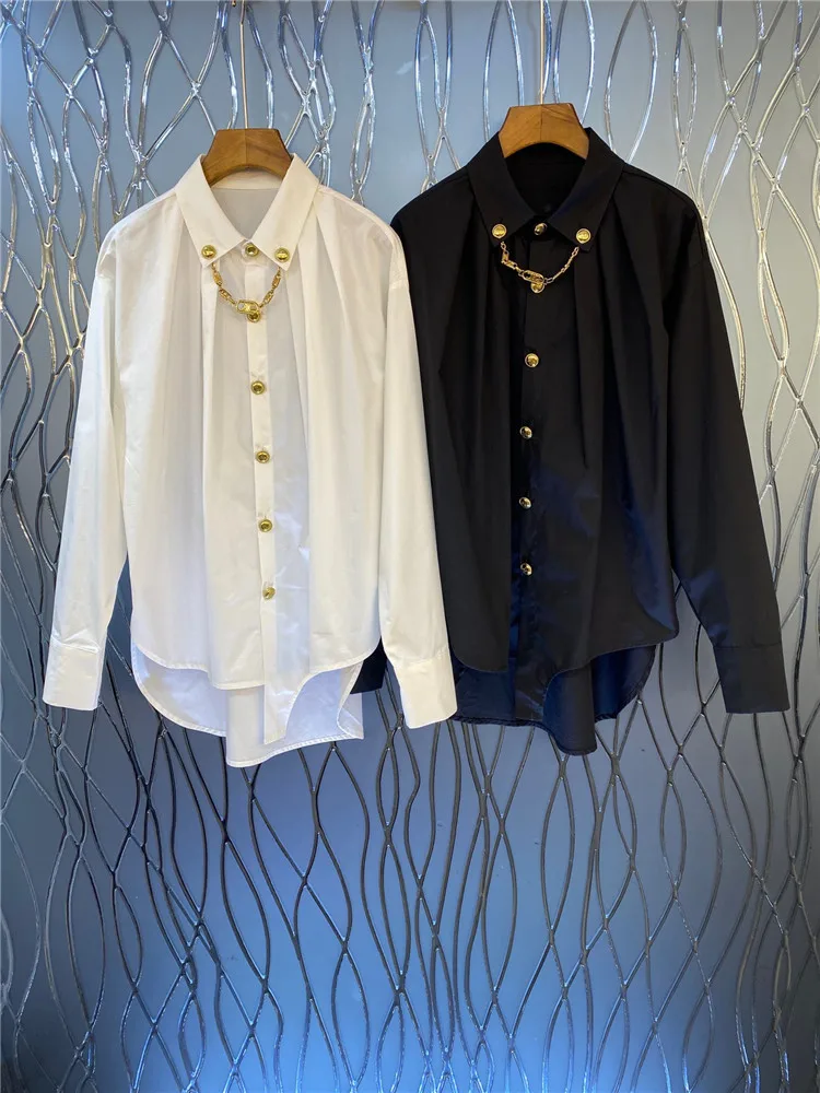 

[DEAT] Lapel Chain Front Short Back Long Gold Chain Decoration Fashionable White Shirt Blouse Women 2021 Spring And Summer GX949