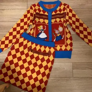 2 шт. вязаный комплект для женщин жаккардовым узором со стразами ромбовидным рисунком мультипликационный кролик в стиле кавай Свитер с вышивкой, костюм с юбкой