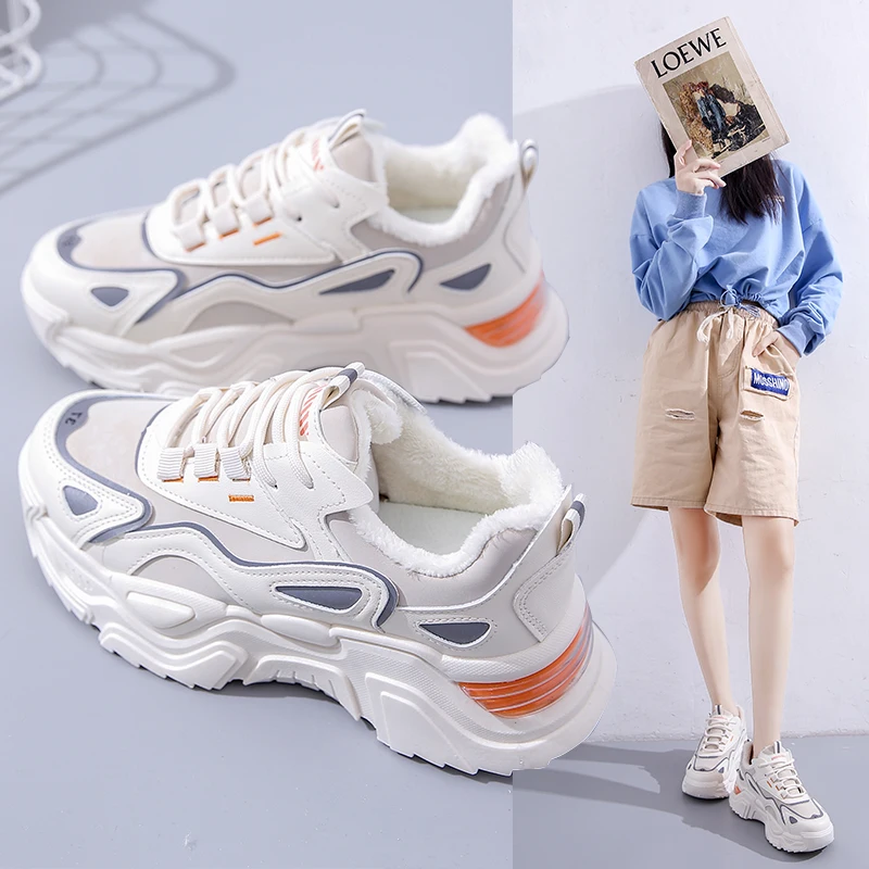 

2021new Winter Womens Shoes Torre Shoes Female INS Joker Plus Velvet Running Shoes Lightweight Warm Wear-resistant Sneakers