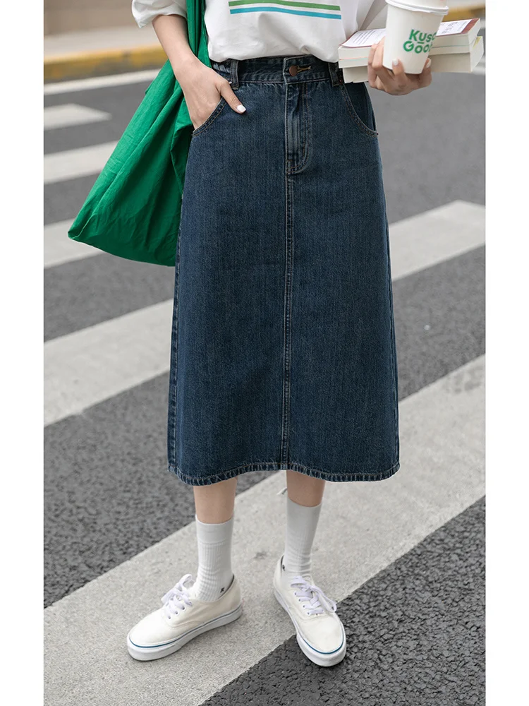 Женская джинсовая юбка летняя тонкая средней длины А-силуэта с высокой талией |