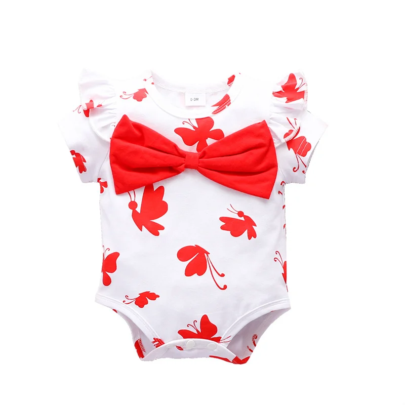 

Baby Infants Girls Romper Butterfly Print O-Neck Short Sleeve Bodysuit with Bowknot For 0-18M Newborn Girl's Clothing