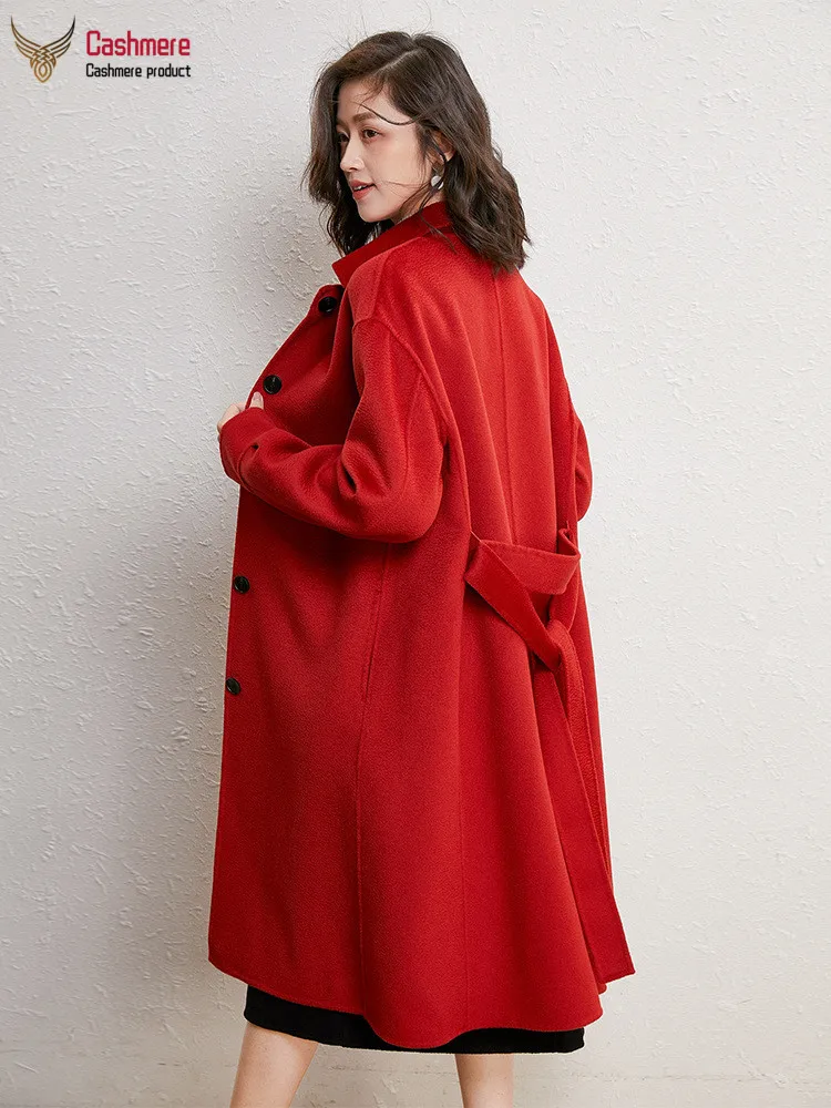 Wool coat women winter long wool retro loose female water ripple single-breasted lantern sleeve red | Женская одежда