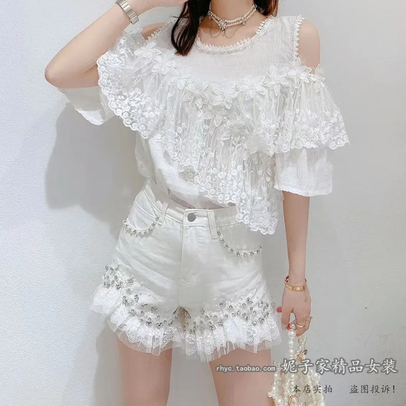 

2021 Summer New High Waist Slim Sweet Ladies Denim Shorts Lace Beaded A- Line Women Jeans Hot Pants Fashion Short Trousers