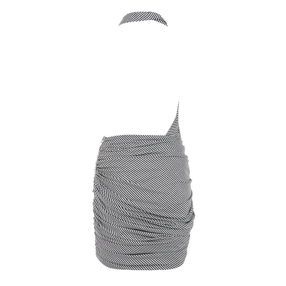 

Ailigou Summer Women's Dress Open Back Neck Mini Sexy Bodycon Elegant Club Celebrity Party Black Striped Ruffled Dress Vestido