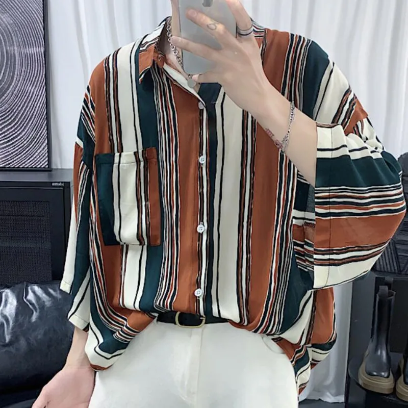 

Printed Striped Shirt Men Korean Fashion Loose Casual Shirt Men All-match Harajuku Streetwear Social Short Sleeve Shirt Men