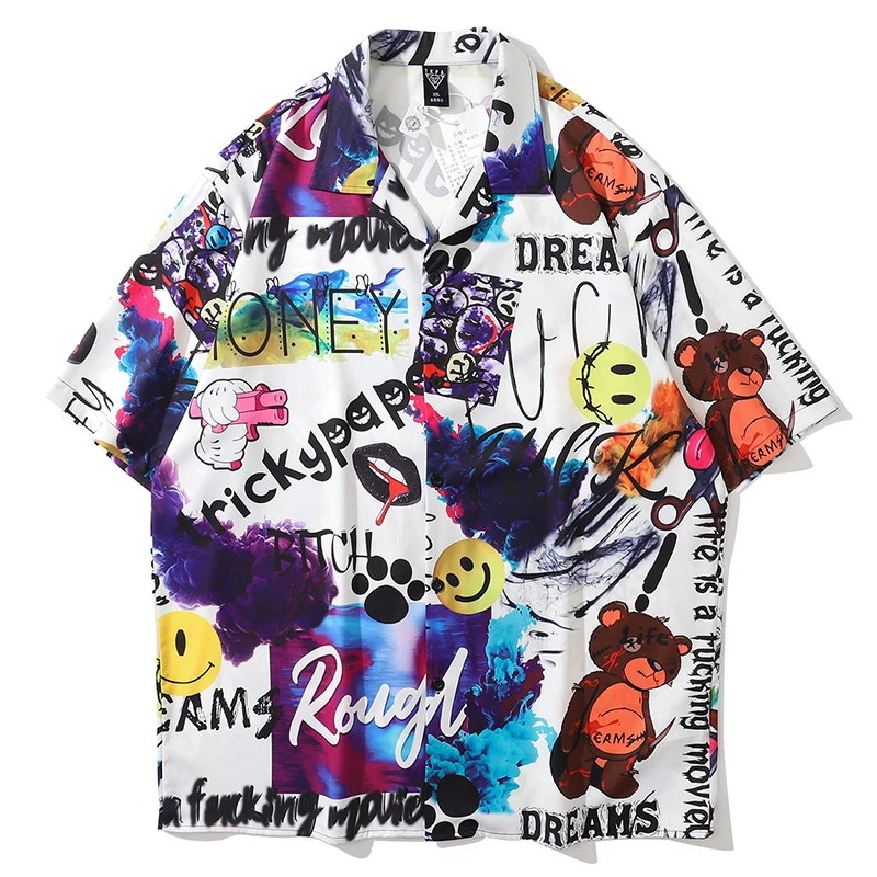 2021 Smile Face Hawaiian Beach Shirts Graffiti Print Hip Hop Button Shirt Mens Harajuku Short Sleeve Holiday Party Blouse Tops