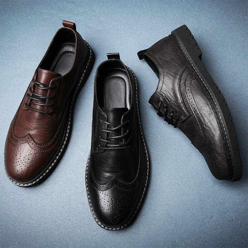 

Fashion Men Leather Casual Shoes brogue lace up Breathable Flats Shoes Luxury Brand Men's Outdoor Walking Sneakers