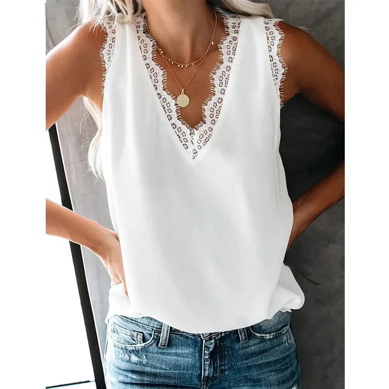 

Женская летняя майка без рукавов, сексуальные кружевные однотонные повседневные футболки с V-образным вырезом, женские топы