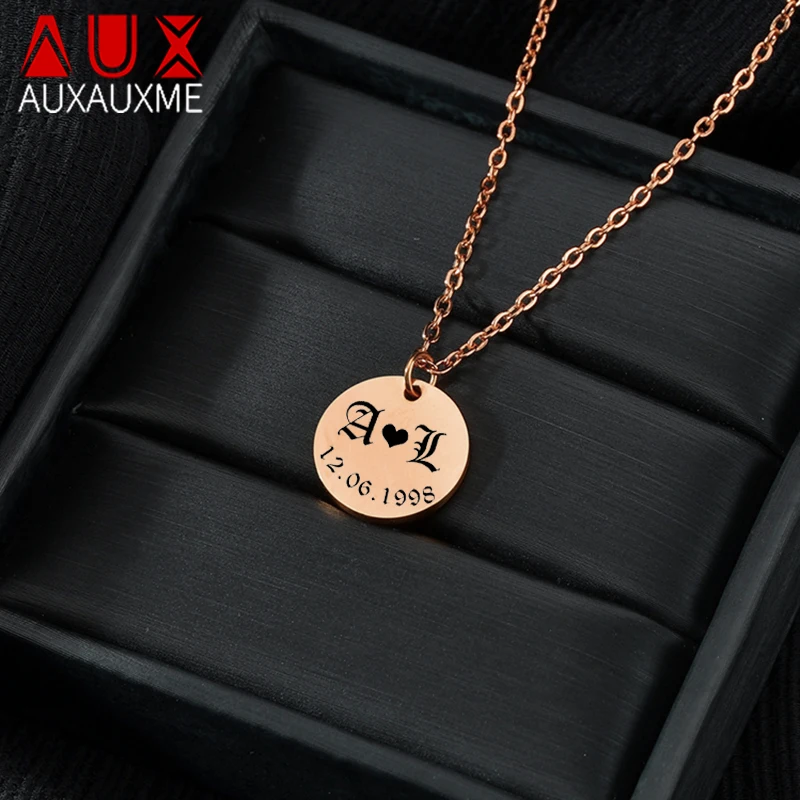 

Auxauxme DIY Tiny Letter Custom Necklaces for Women Stainless Steel Engrave Letter Name Date Necklace Birthday Gift For Familes