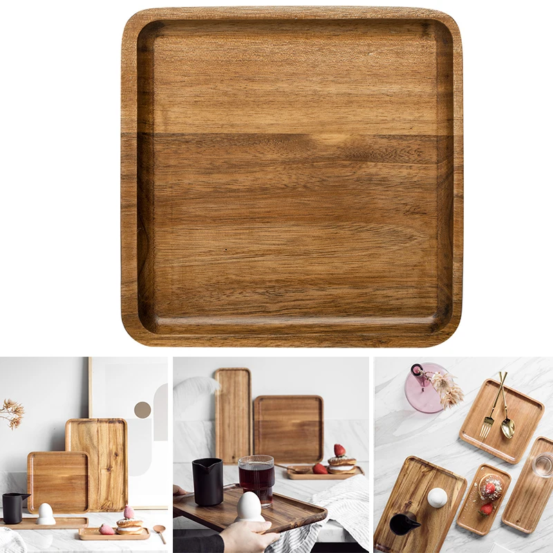 1Pcs Acacia Wood Serving Tea Tray Square Rectangle Breakfast Sushi Snack Bread Dessert Cake Plate With Easy Carry Grooved Handle