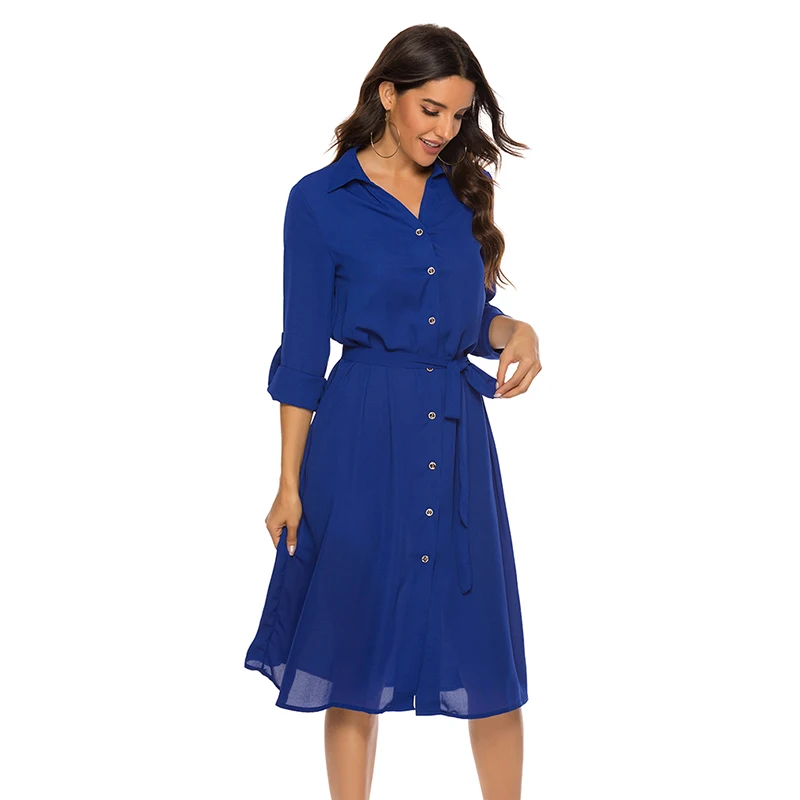 

Women Dress Black Solid Loose Casual Knee Length Dresses With Belt S-2XL Plus Size Summer Three Quarter Sleeve Dress