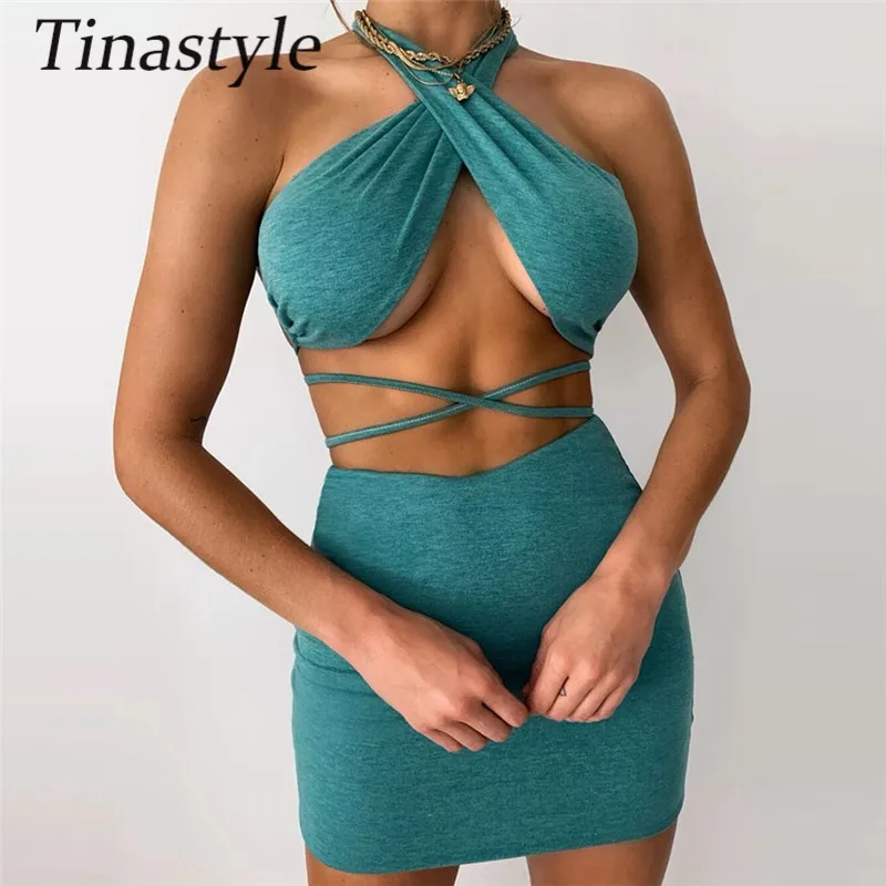 

Tinastyle Halter Hollow Out Sexy Dress Women Two Piece Set Bandage Bodycon Mini Summer Dress Casual Beach Party Club Outfits