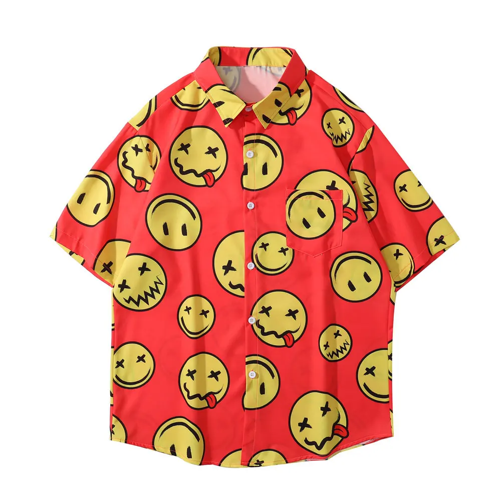 

Гавайские рубашки, Пляжная уличная одежда, забавная рубашка с принтом смайлика, милая песчаная рубашка в стиле хип-хоп с тропическим отворо...