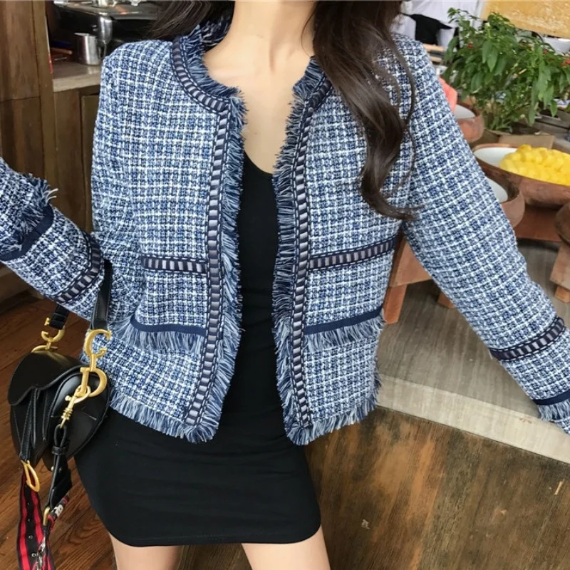 

Стильное короткое пальто с бахромой и длинным рукавом, одежда на весну и осень 2021, стильный женский модный элегантный клетчатый Топ