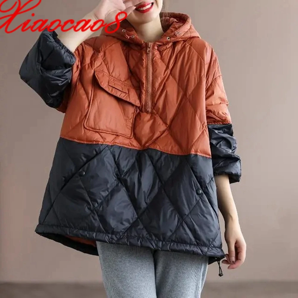 

2021 Winter Down Cotton Coat Hoodies Oversized Loose Patchwork Hooded Women's Sweatshirt High Quality Light Warm Pullover Hoodie