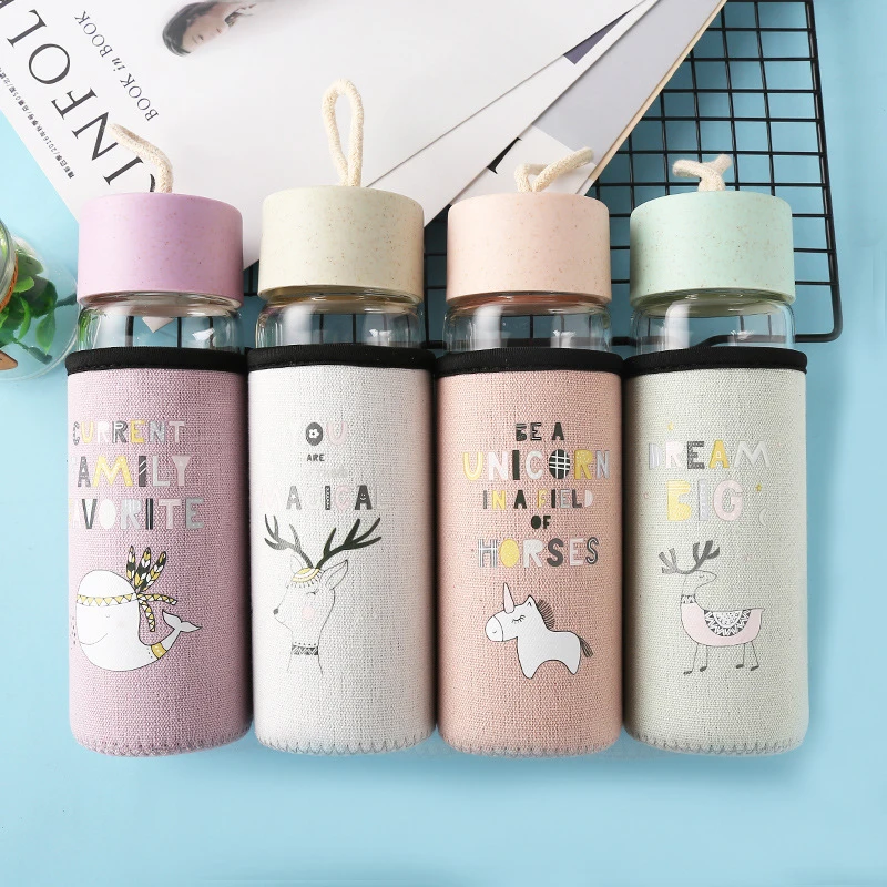 

New 350ML Cute Glass Waterbottle Portable Transparent Tea Glass Cup With Cloth Cover Outdoor Sport Travel Milk Drink Coffe Mugs