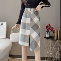 irregular plaid woolen skirt women autumn winter new high waist split slim mid skirt straight hip skirt female