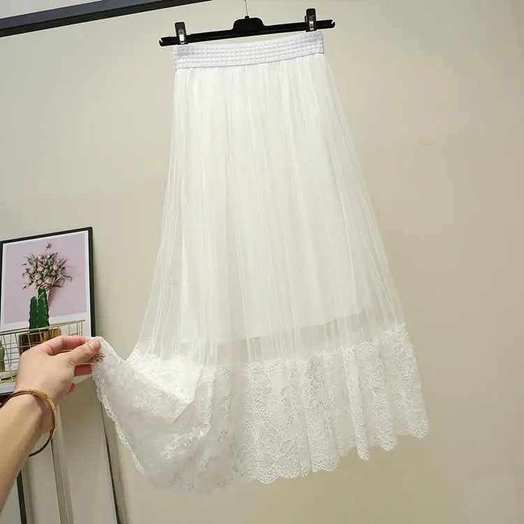 

Fairyland skirt mesh skirt mid length women's 2021 summer new A-line thin lace stitching skirt