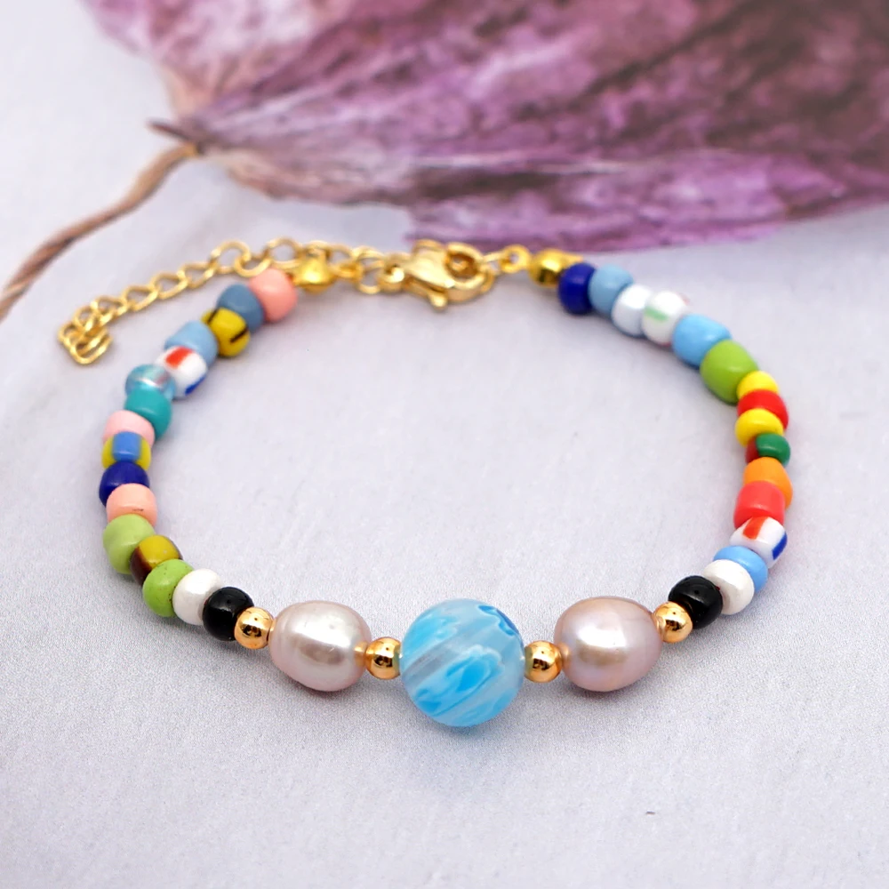 Браслет с натуральным жемчугом Радуга макраме браслеты из нержавеющей стали для