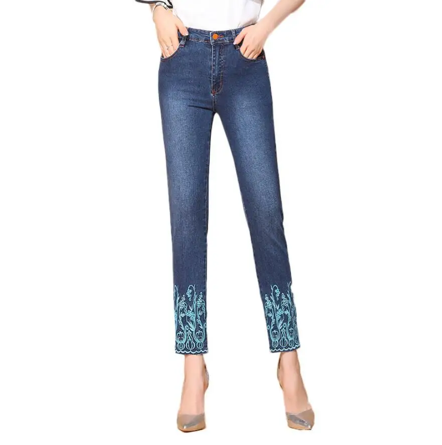 

New fashion Embroidery Straight Jeans Women Streetwear Slim High Waist nine piont denim pans Plus Size s257