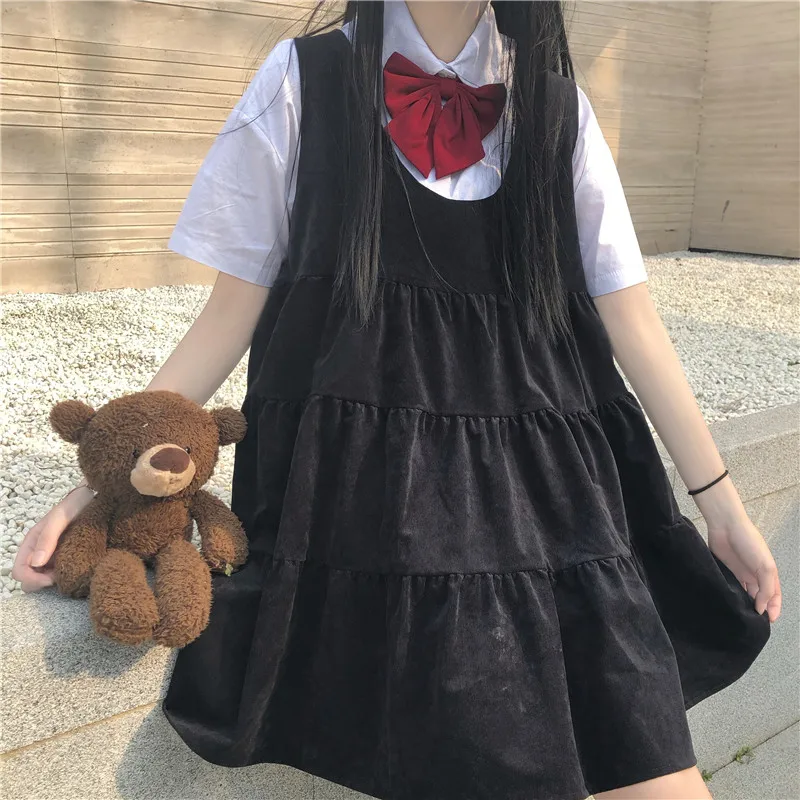 

Japanese Harajuku Two Piece Outfits Women Summer Loose Short Sleeve Shirt and Tank Sleeveless Mini Dress Kawaii Cute 2 Piece Set