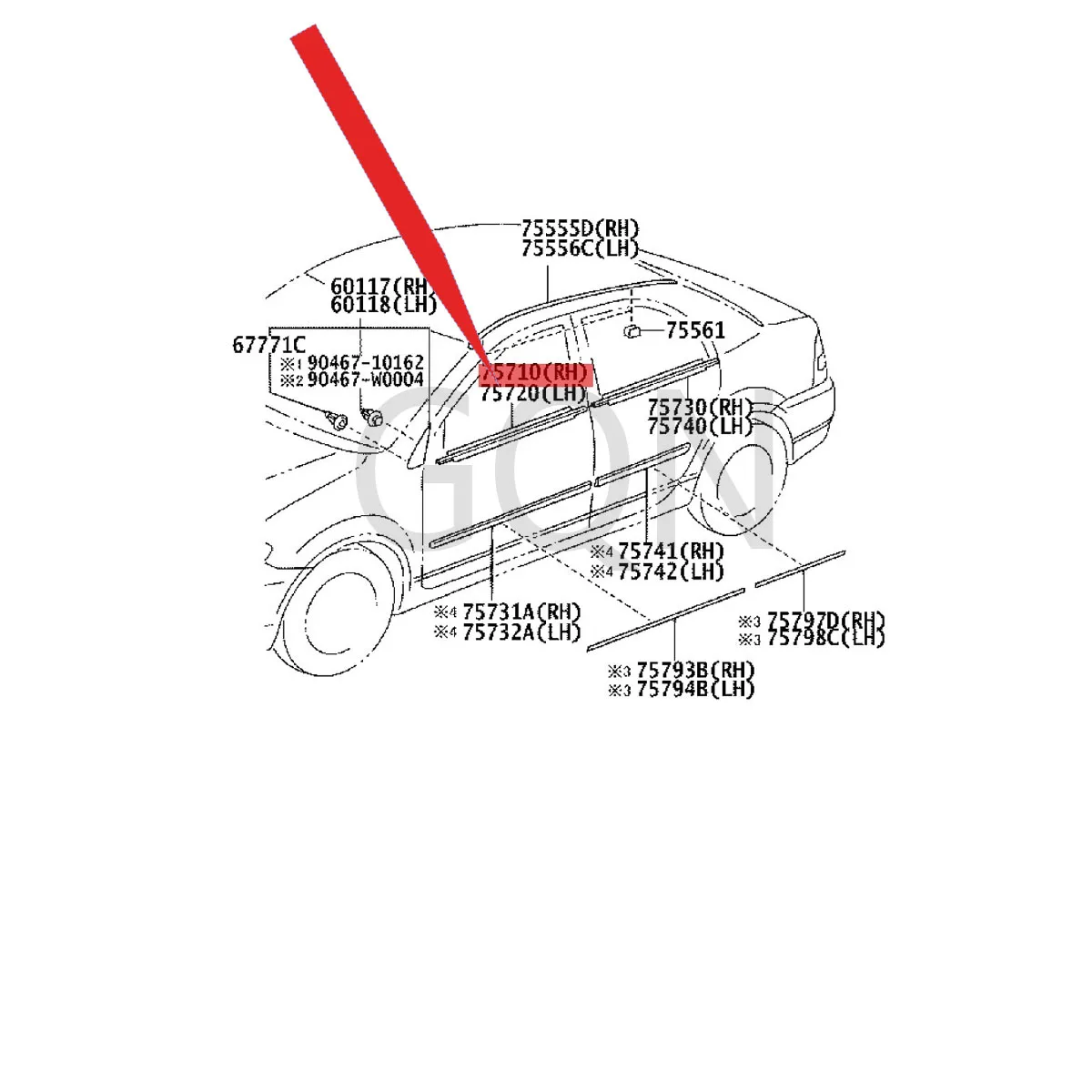 

Right front door waist line protection strip assembly 2004-Toy ota COR OL LA front door glass outer bead.R door glass outer bead