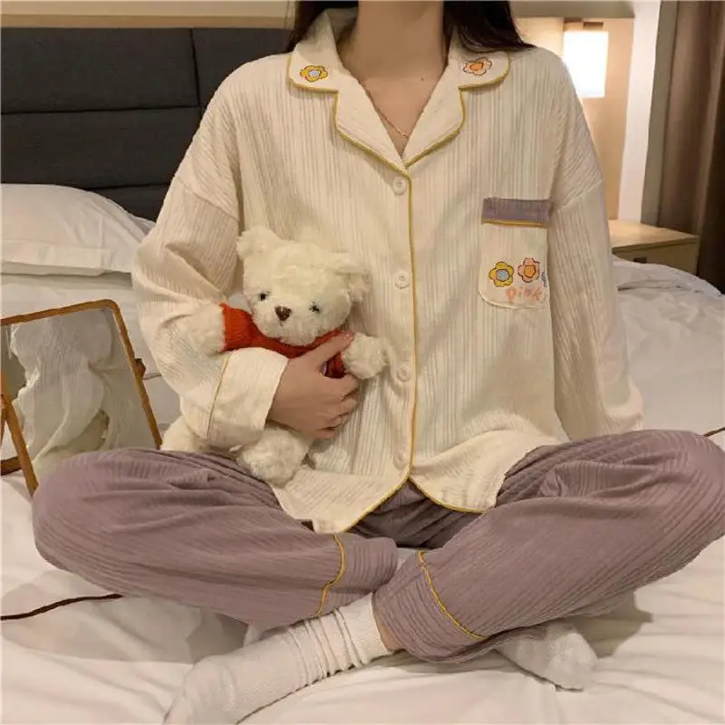 

Women Cute Pajamas Suit Sleep Set Cotton Nightgown Nightwear Home Clothes Print Sleepwear Intimate Lingerie 2PCS Shirt&Pants