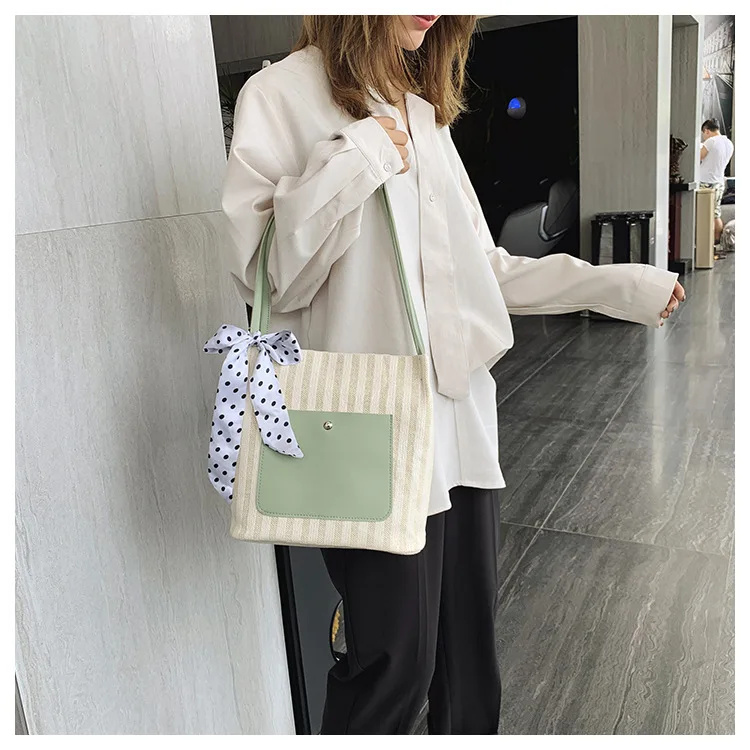 

Fashion casual straw woven shoulder bag handbag with polka dot bowknot simple beach vacation female bag