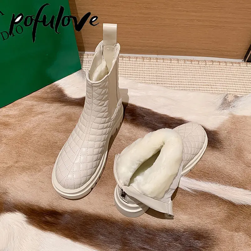 Pofulove женские зимние ботинки челси меховые ботильоны черные белые кожаные модная