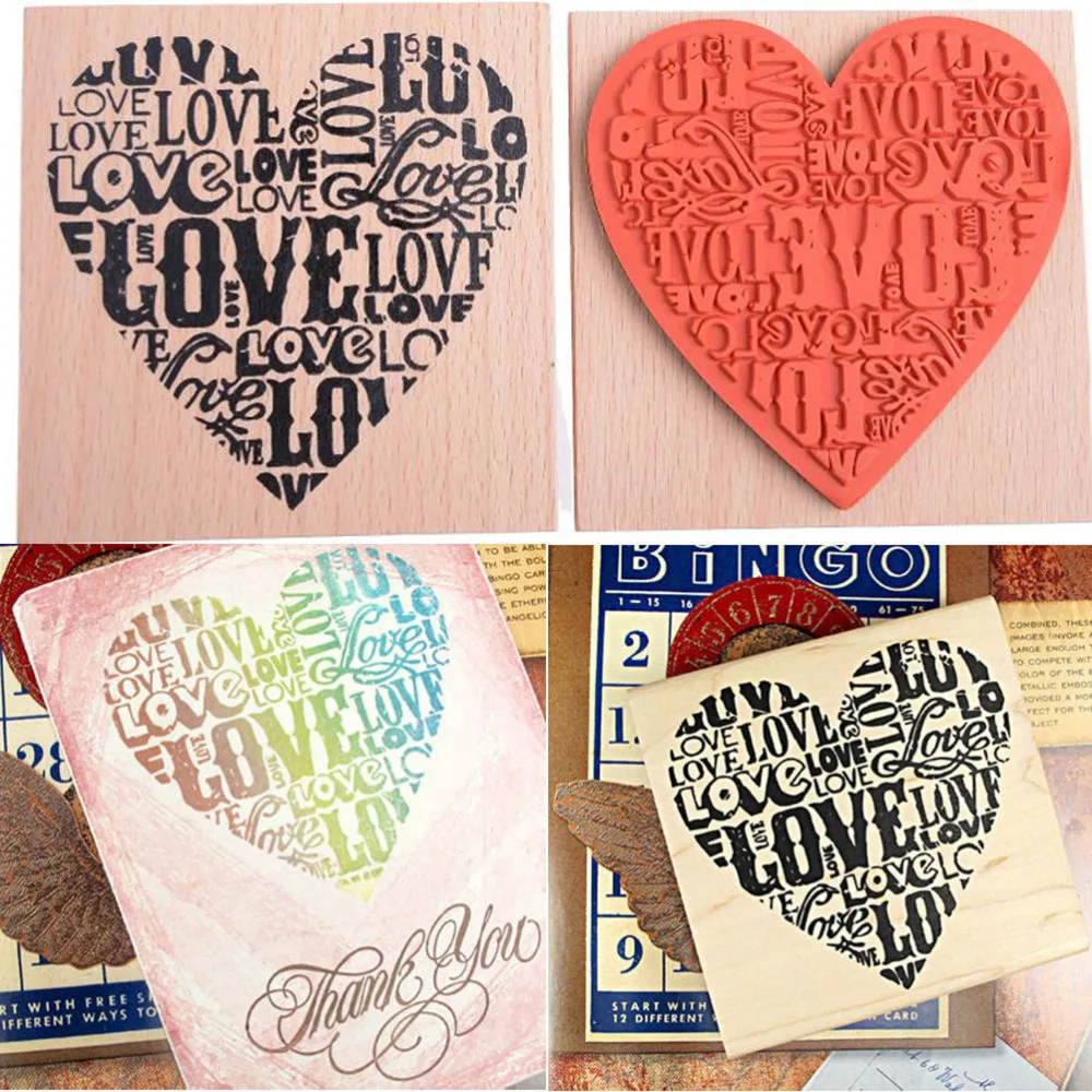 

New Wooden Stamp Heart Shaped Wooden Blocks Rubber Craved Printing Stamp Scrapbooking Decor 9cm x 9cm x 1.8cm