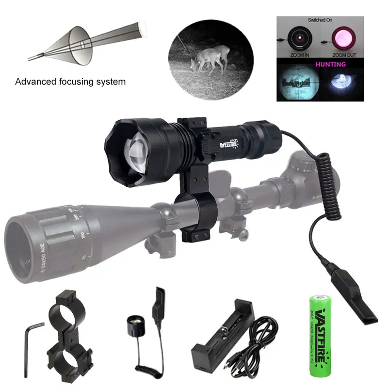 

IR 850nm 7w Flashlight Night Vision Infrared Zoomable LED Hunting IR Torch/Pressure Switch Mounts 18650 battery charger+box