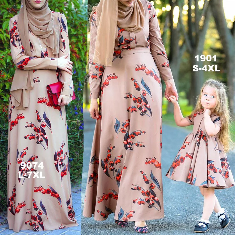 

Muslim Dress Muslim Fashion Middle East Eid Dubai Abaya Turkey Long-sleeved Print Slim Parent-child Dress Donsignet