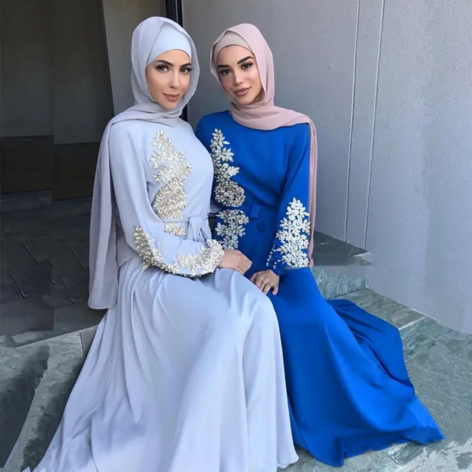 Женское длинное мусульманское платье, плотное, с бисером, с цветочной вышивкой