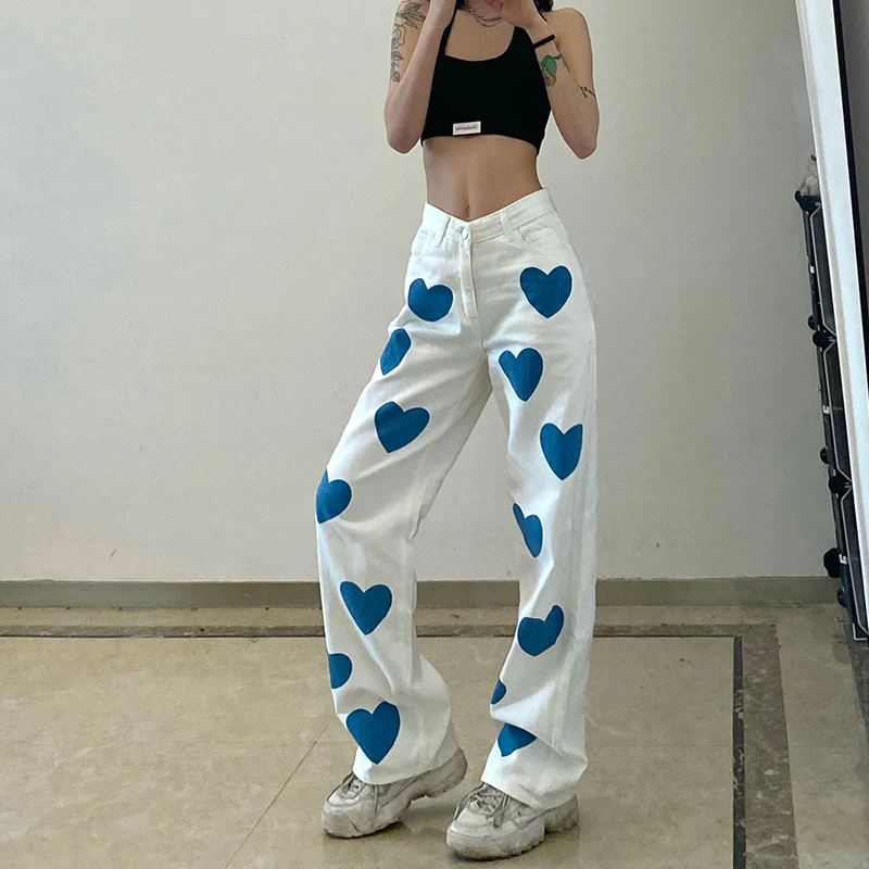 

Heart Printed Oversize Straight Y2k Denim Pants White Capri High Waist Women's Fashion Mom Jeans For Girls Trousers For Female