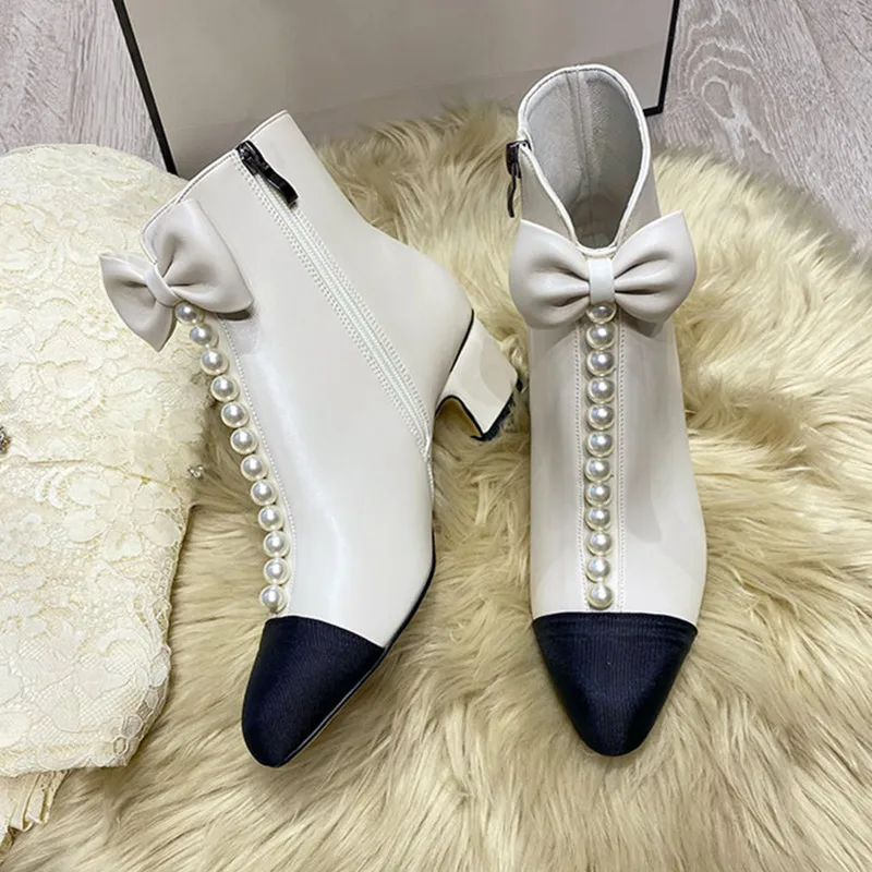 

New Autumn Winter Women's Boots French Color Matching Pearl Bow Thick Heel Short Boots Black Zipper High Heel Boots Botas Mujer