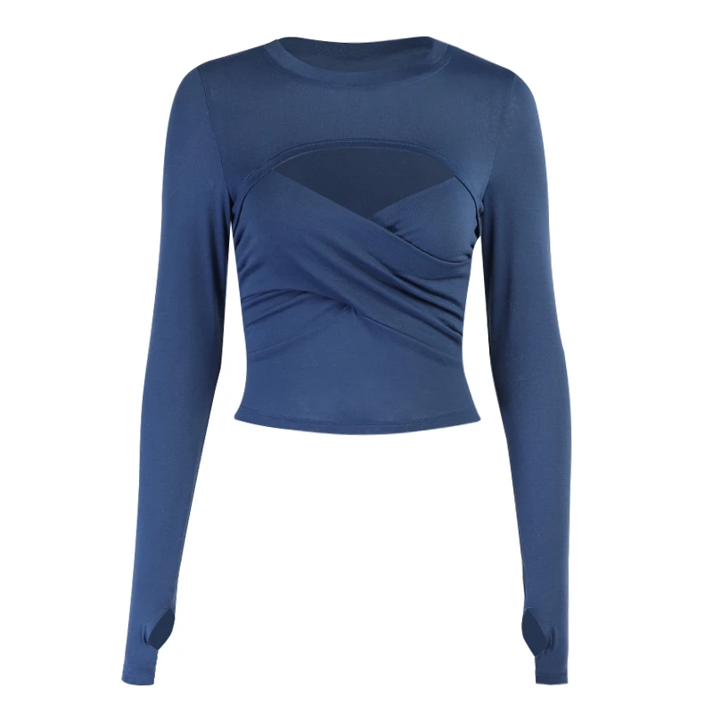 

Elegant Women T Shirt Round Neck Hollow Out Long Sleeve Slim Top 2021 Autumn Casual Solid Skinny Twist Together Tee Top