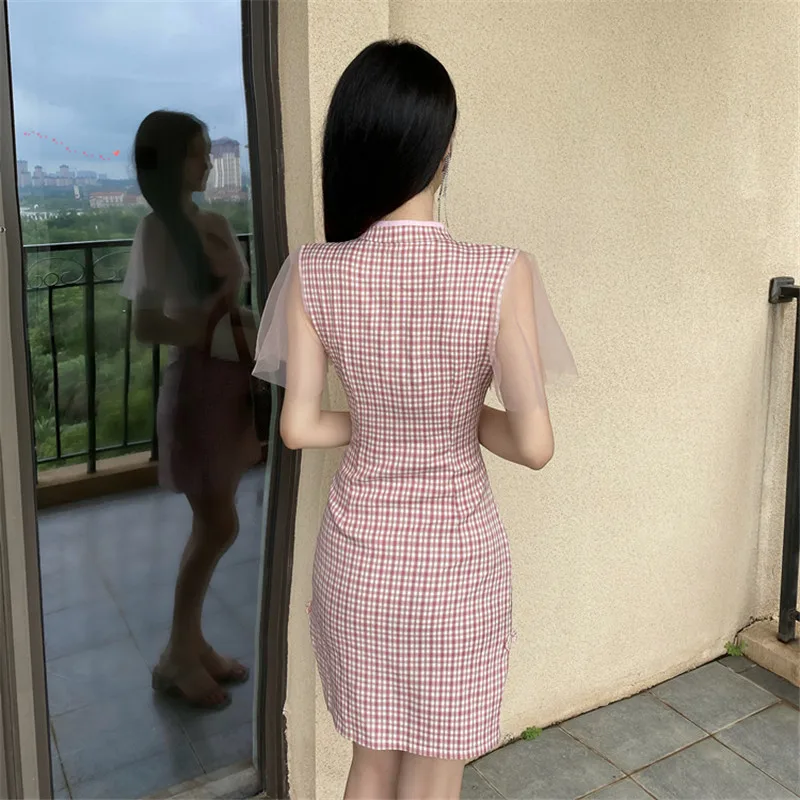 

2020 new fashion retro improved cheongsam plaid slim slim sexy dress temperament ladies slim dress