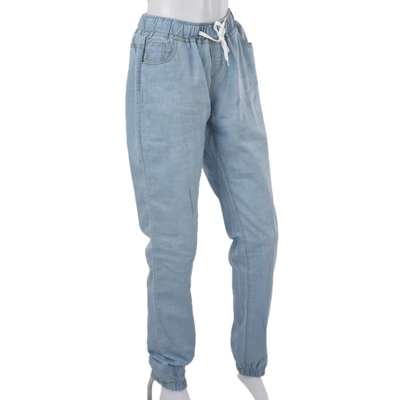 

2x Women Jogger Pants Drawstring Elastic Waisted Jeans Solid Ladies Denim Pants Light Blue M & Dark Blue XL