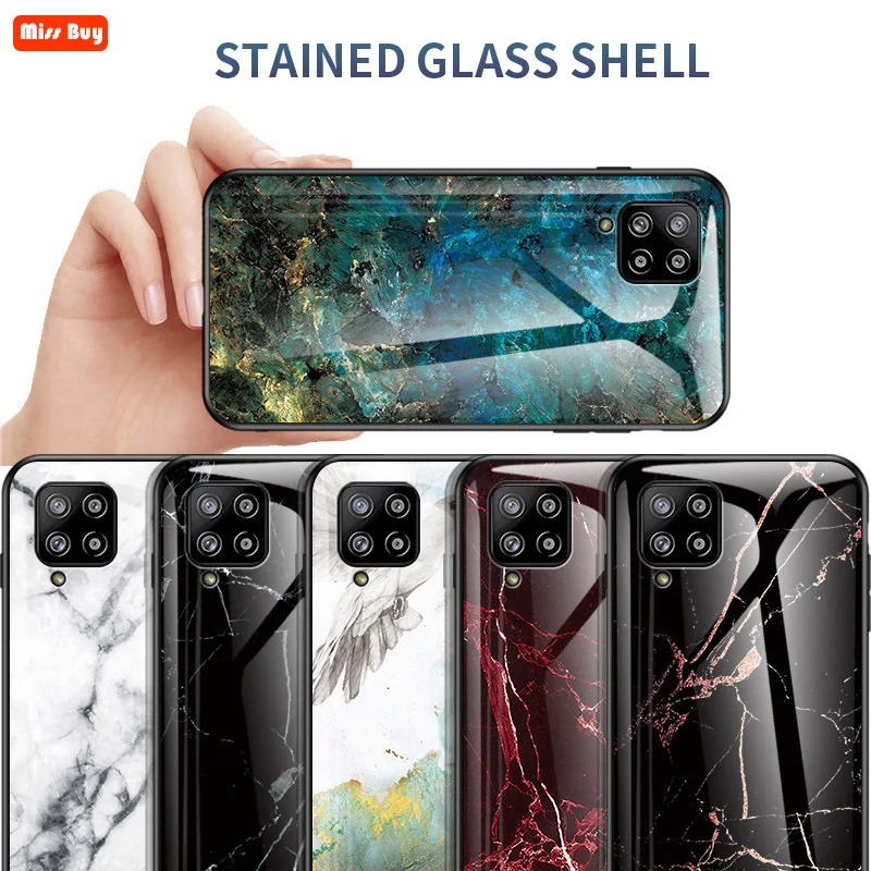 

For Samsung Galaxy A42 5G A22 A82 M32 A12 A02S A02 A11 F62 M62 A52 A72 A32 4G Case Marble Tempered Glass Soft Bumper Hard Cover