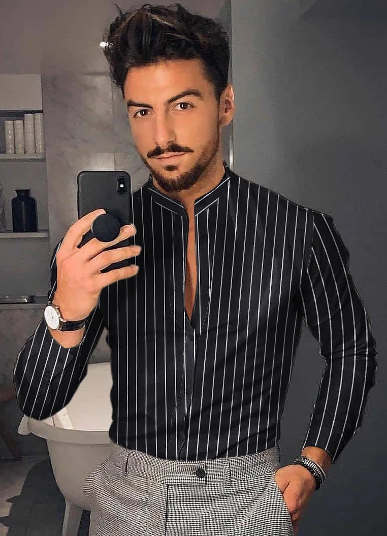 Men's Shirt New Hawaiian  Men Single Button Wild  Printed  Male Blouses  Long Sleeved Striped 2021