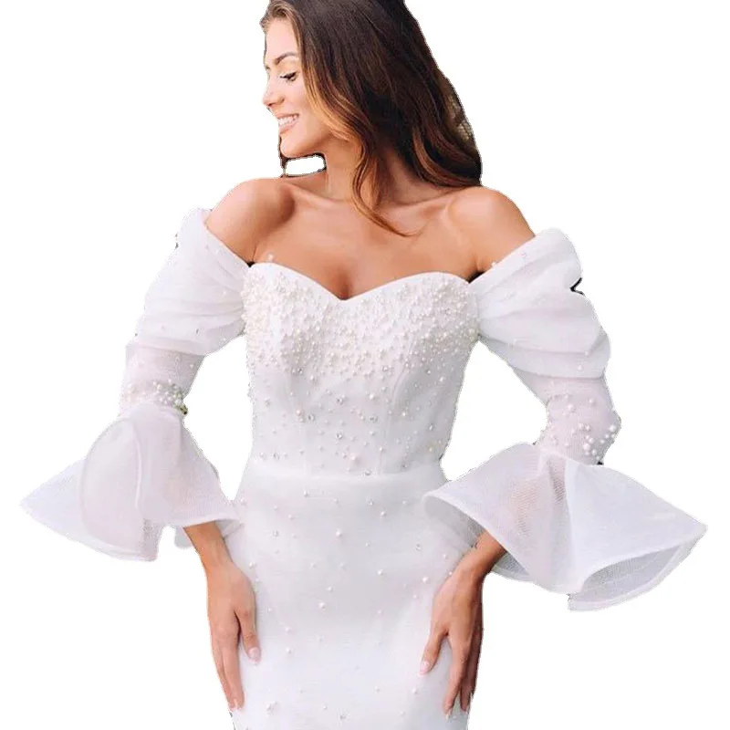 

WEPBEL Spring Sexy Solid Color Flare Sleeve Slash Neck Dress Women's Elegant Ruffles Patchwork Off-Shoulder Beading Pencil Dress