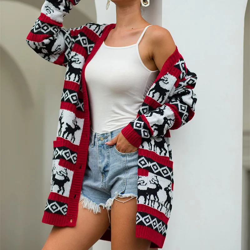 

Christmas Sweater Women Elk Print Sweaters 2021 Winter Tops Cardigans Clothes for Female Long Sleeve Knit Casual Sweater Red XL