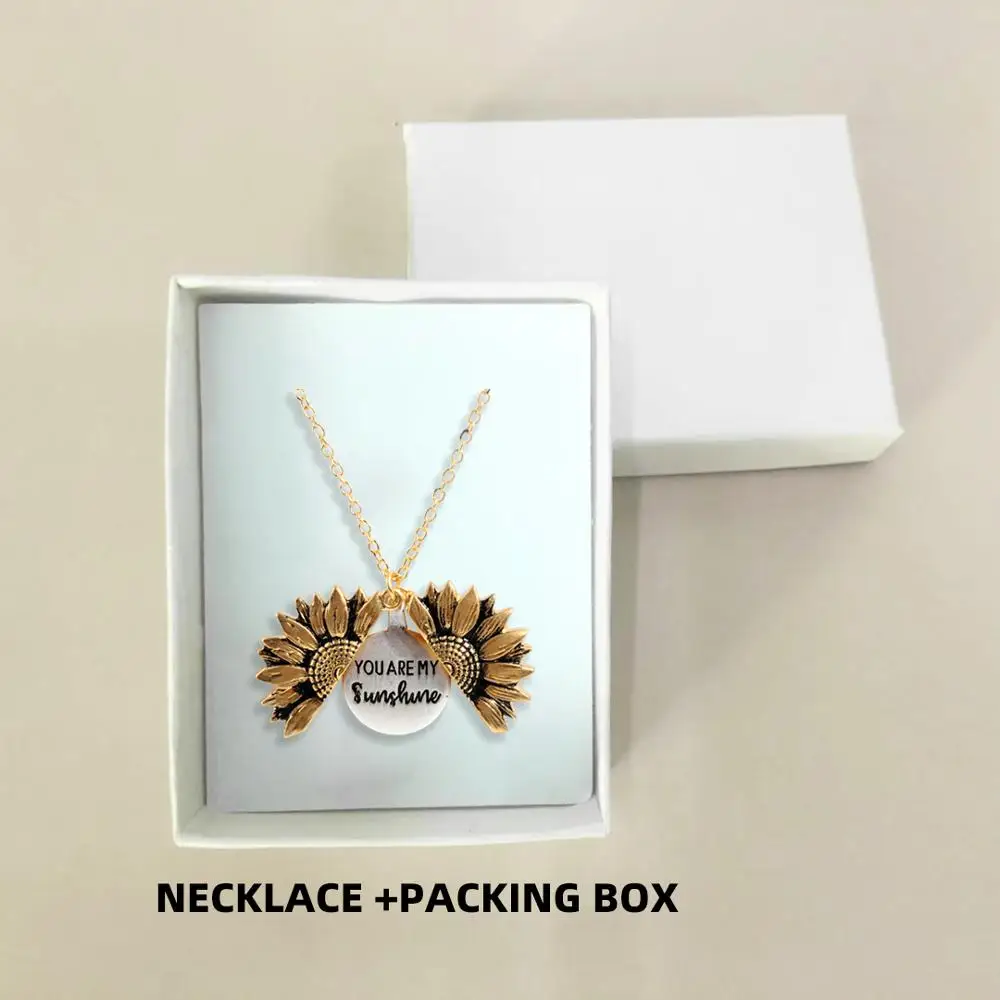 gold neck with box Новое женское золотое ожерелье на заказ You are my sunshine открытый медальон подсолнечник, подвеска, ожерелье - Окраска металла: gold neck with box