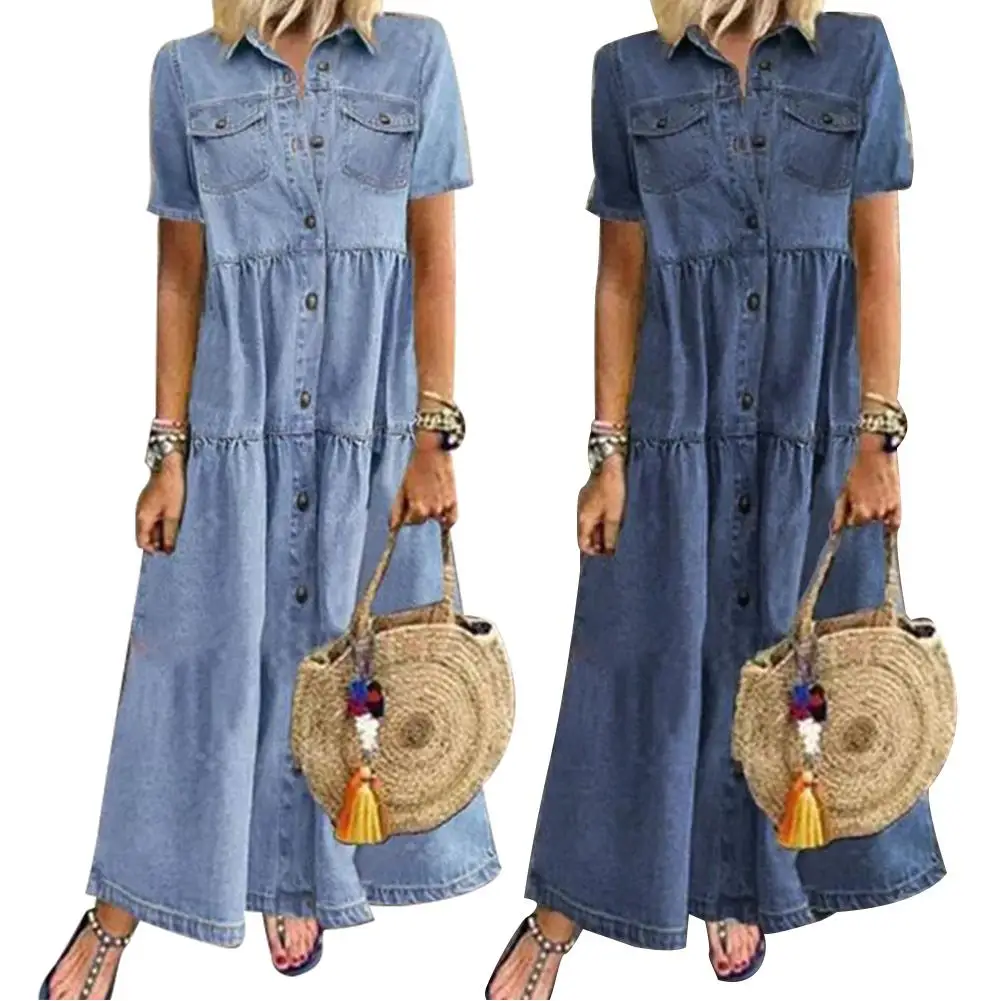 

Denim Dress Retro Women Short Sleeve Turn Down Collar Pockets Button Long Loose Denim Dress Pockets Plus Size Dresses