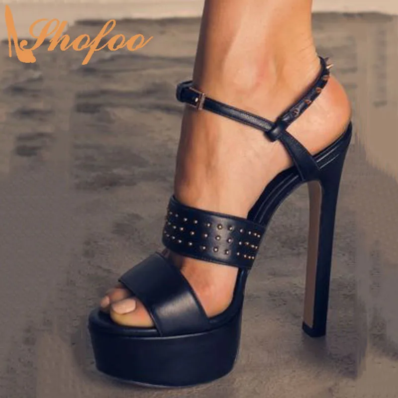 

Black Platform Stilettos High Heels Sandals Peep Toe Buckle Strap Large Size 12 15 Ladies Summer Rivets Mature Sexy Shoes Shofoo