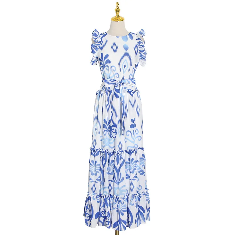 

SuperAen 2021 Spring New French Retro Patchwork Ruffled Sleeveless Printeda Line Ankle-Length Dresses for Women