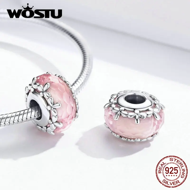 WOSTU Genniue, 925 пробы, серебряный, стеклянный цветок, бусины, подвеска, подходит для WOSTU, браслет для женщин, подарок CQC1282