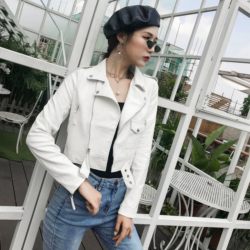

White Chic Epaulettes Faux PU Leather Jacket Female Autumn Slim Lapel Long Sleeve Casual Biker Jacket Women Black Short Outwear
